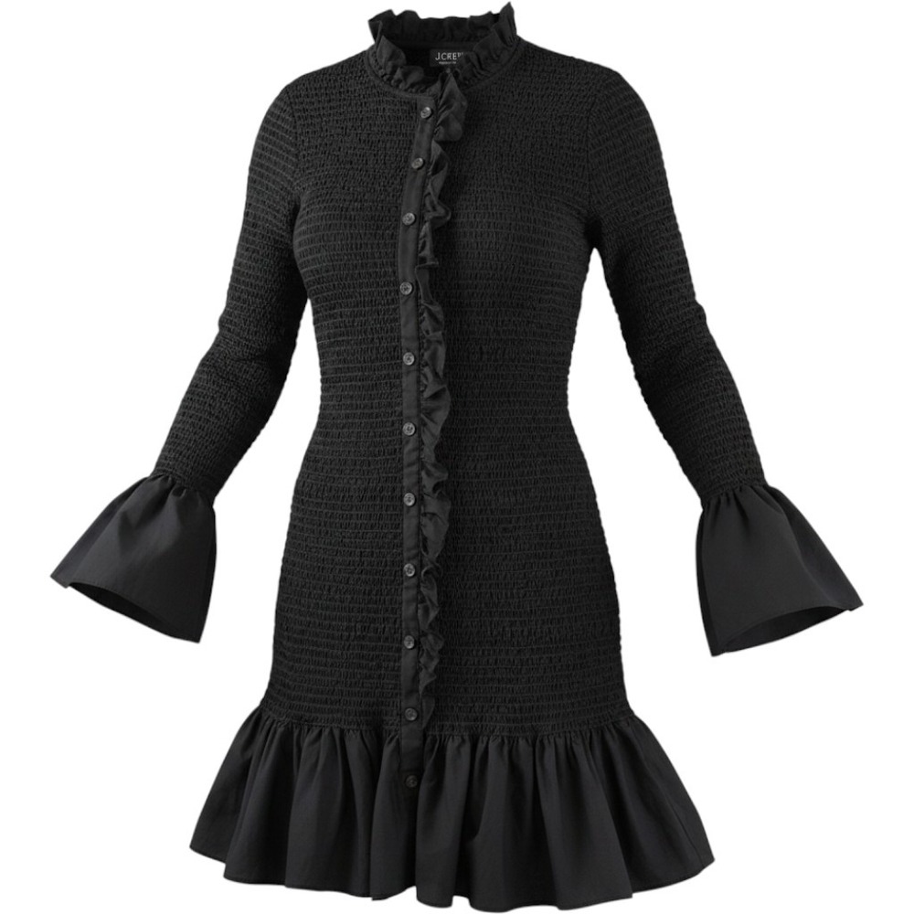J.Crew Organic Cotton Smocked Button Up Mini Dress Ruffle Black Small